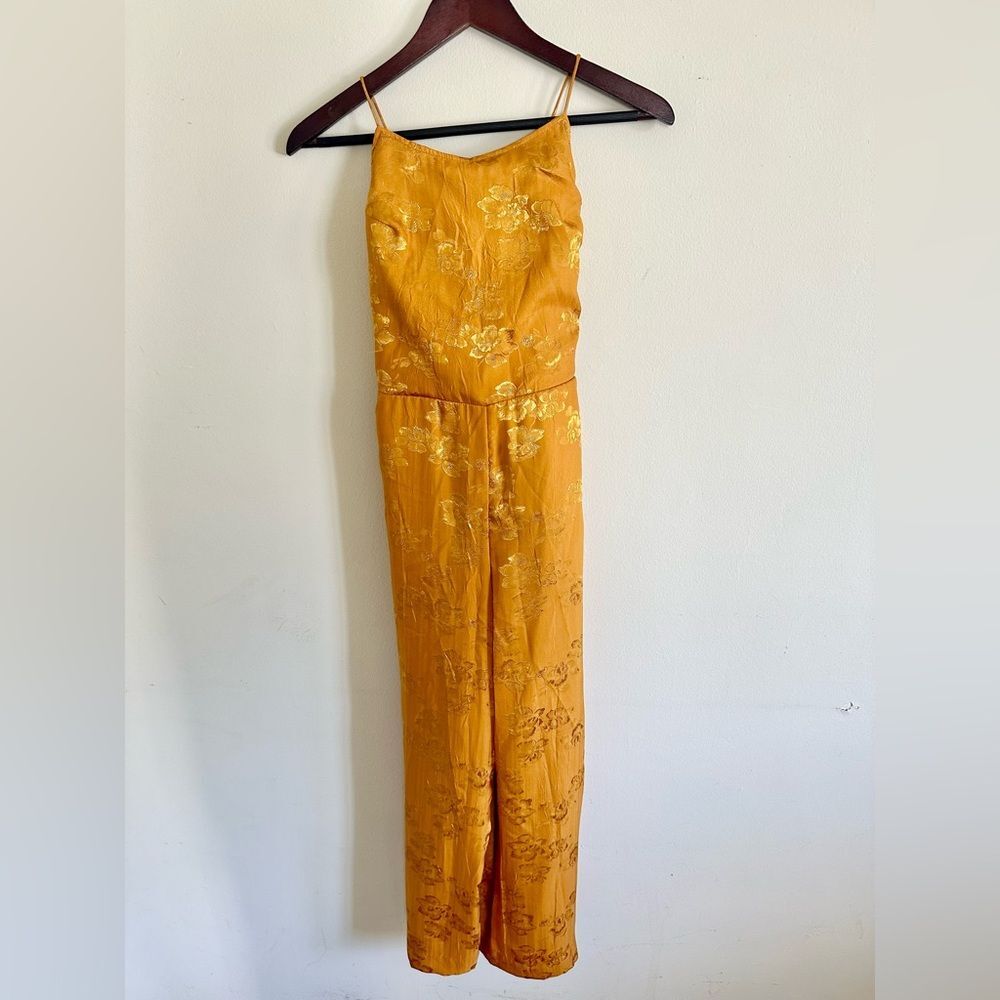 NWT Gold floral satin silk embroidered cropped jumpsuit Urban Outfitters